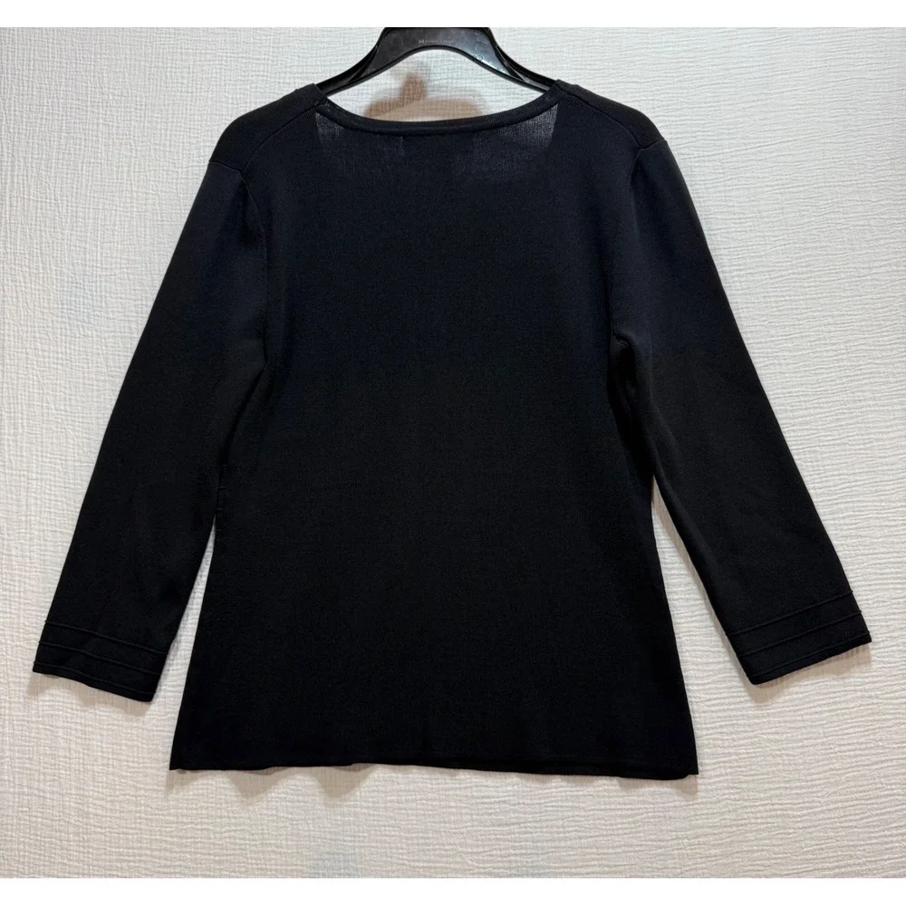 Cable & Gauge Knit Top Women‎ M Black V-Neck 3/4 Sleeve Ribbed Detail Capsule